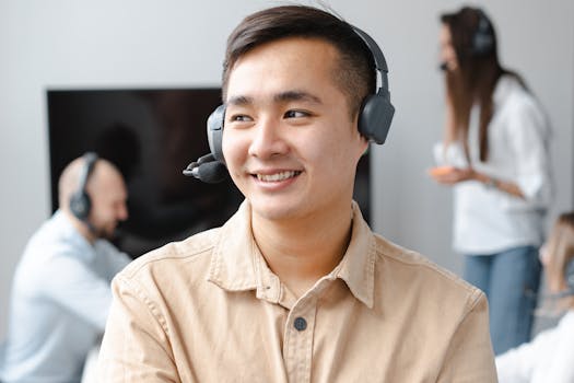 A confident call center agent wearing a headset, smiling while working in a modern office environment.