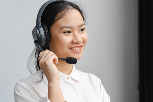 Smiling call center employee using a headset for effective customer communication.