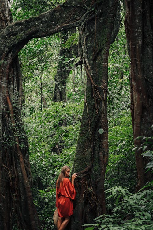 A Woman in Red Robe Standing Beside the Tree