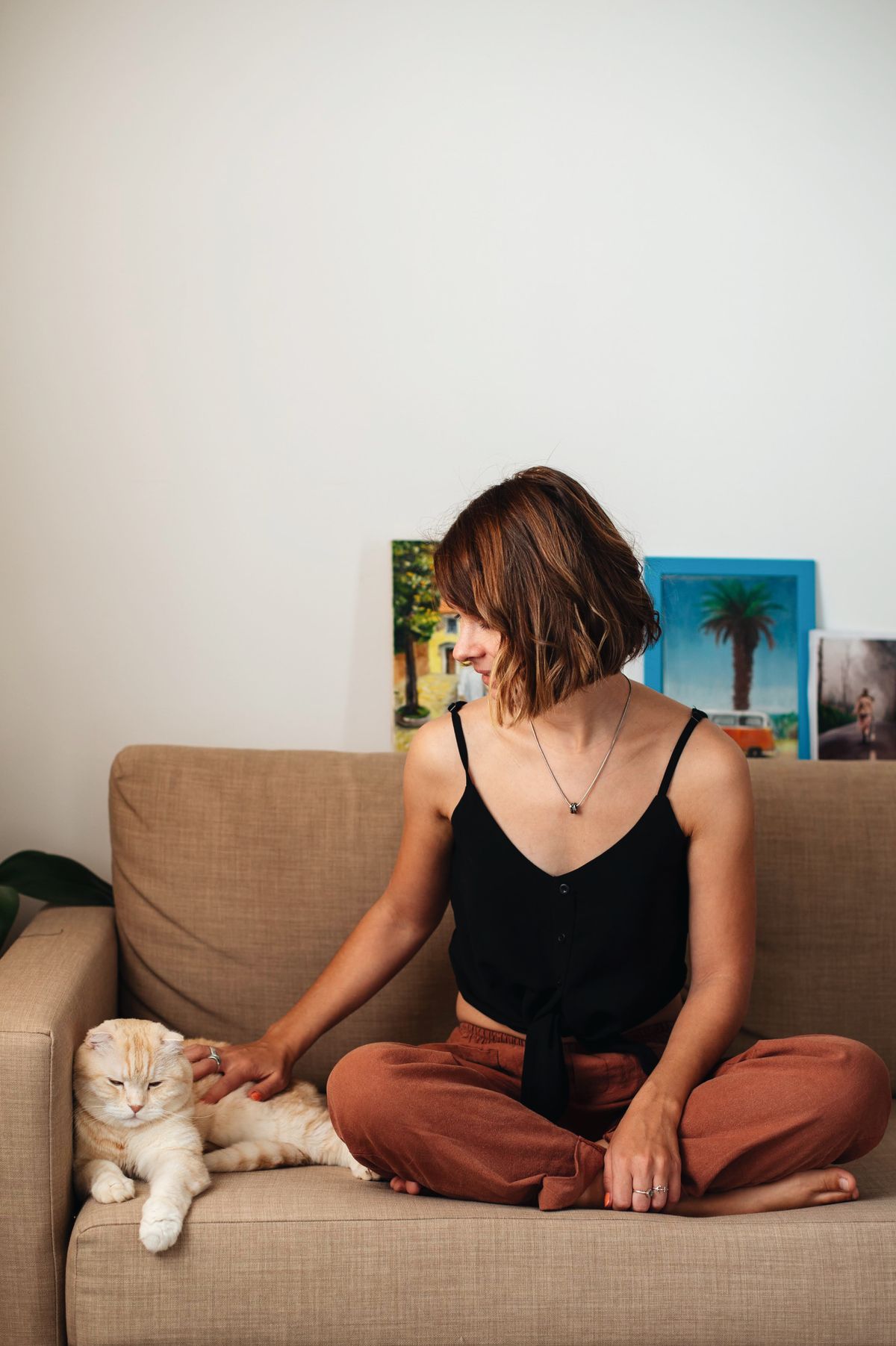 Mulher sentada no sofá fazendo carinho em um gato