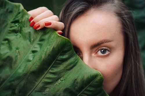 Free Close-up shot of a woman with red nails, partially hidden behind a large green leaf. Stock Photo