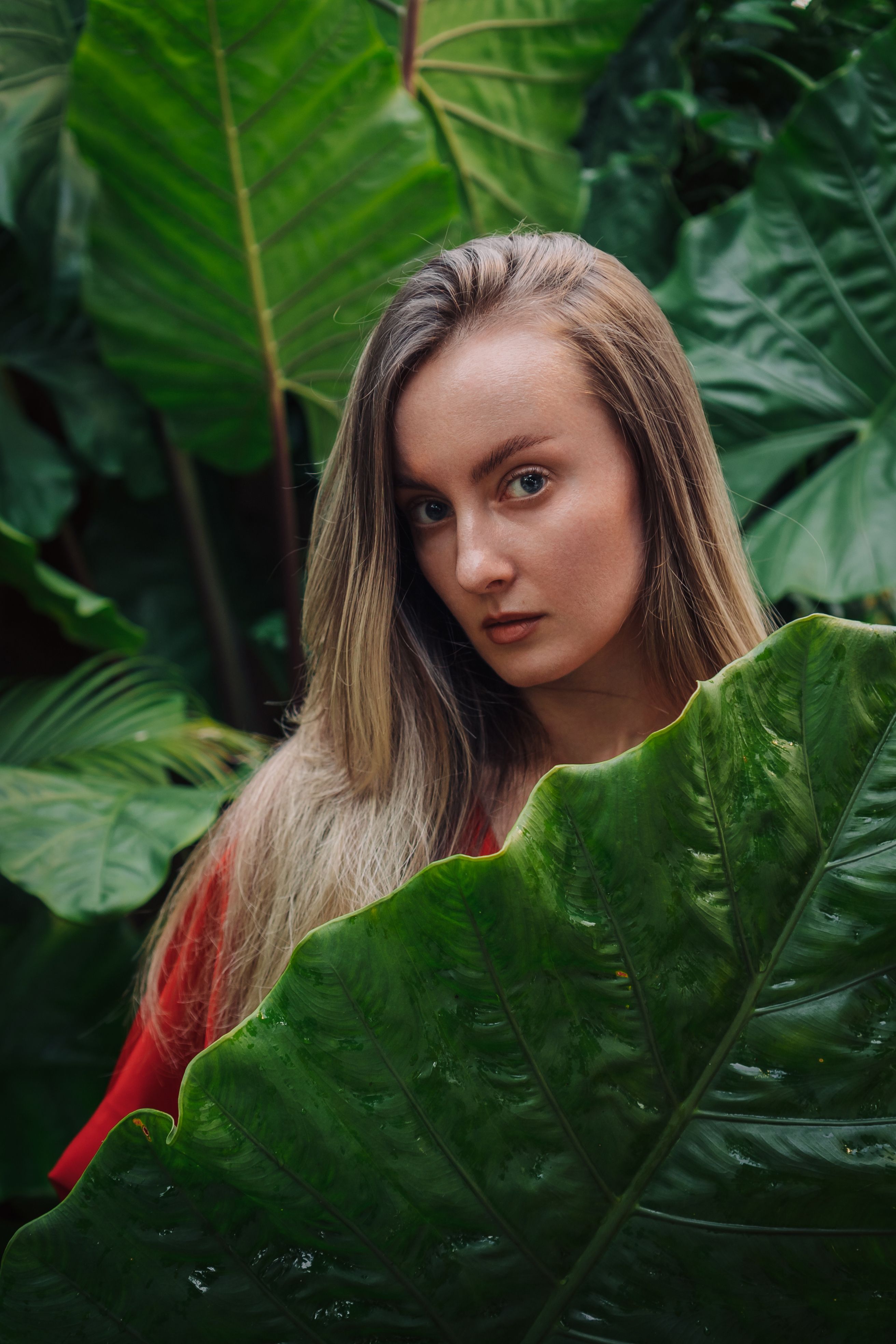 A young woman posing among large green leaves, showcasing natural beauty and vibrant foliage.