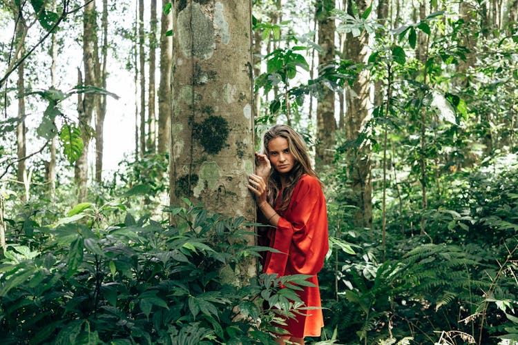 Woman In Red Robe Leaning On A Tree Trunk