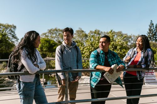 Free A diverse group of happy college students socializing on a sunny day outdoors. Stock Photo