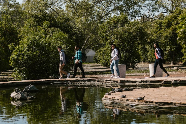 College Students Walking Beside A Pond