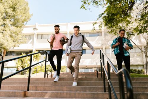 Free Three college students walk down stairs on campus, carrying books and backpacks, on a sunny day. Stock Photo