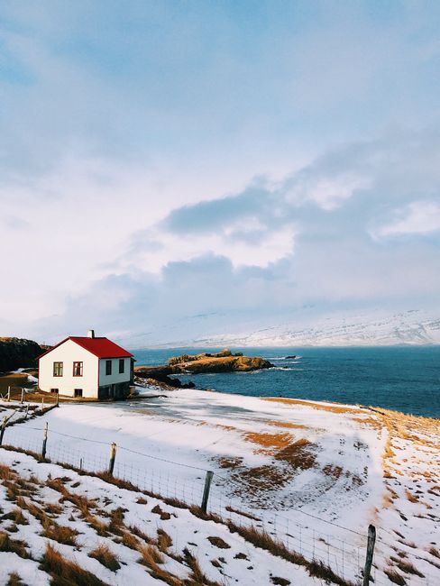 A quaint bungalow with a red roof on the snowy Icelandic coast, surrounded by the serene sea and landscape.