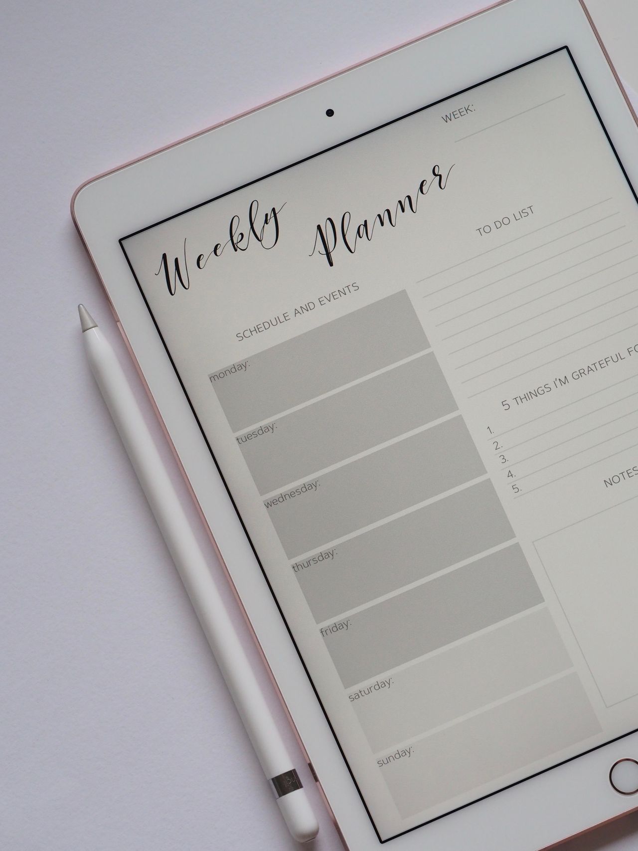 Aesthetic Digital Planner | Daily, Weekly & Monthly Planner Close-up of a digital weekly planner displayed on a tablet with stylus