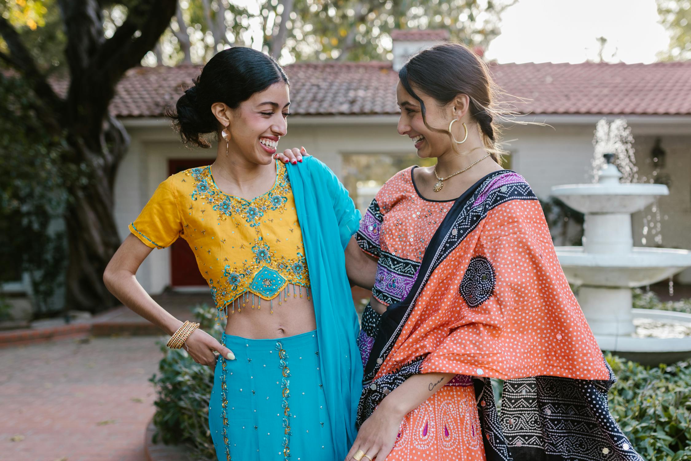 Saree Girls Photo by RODNAE Productions from Pexels: https://www.pexels.com/photo/cheerful-women-in-traditional-clothing-7685591/