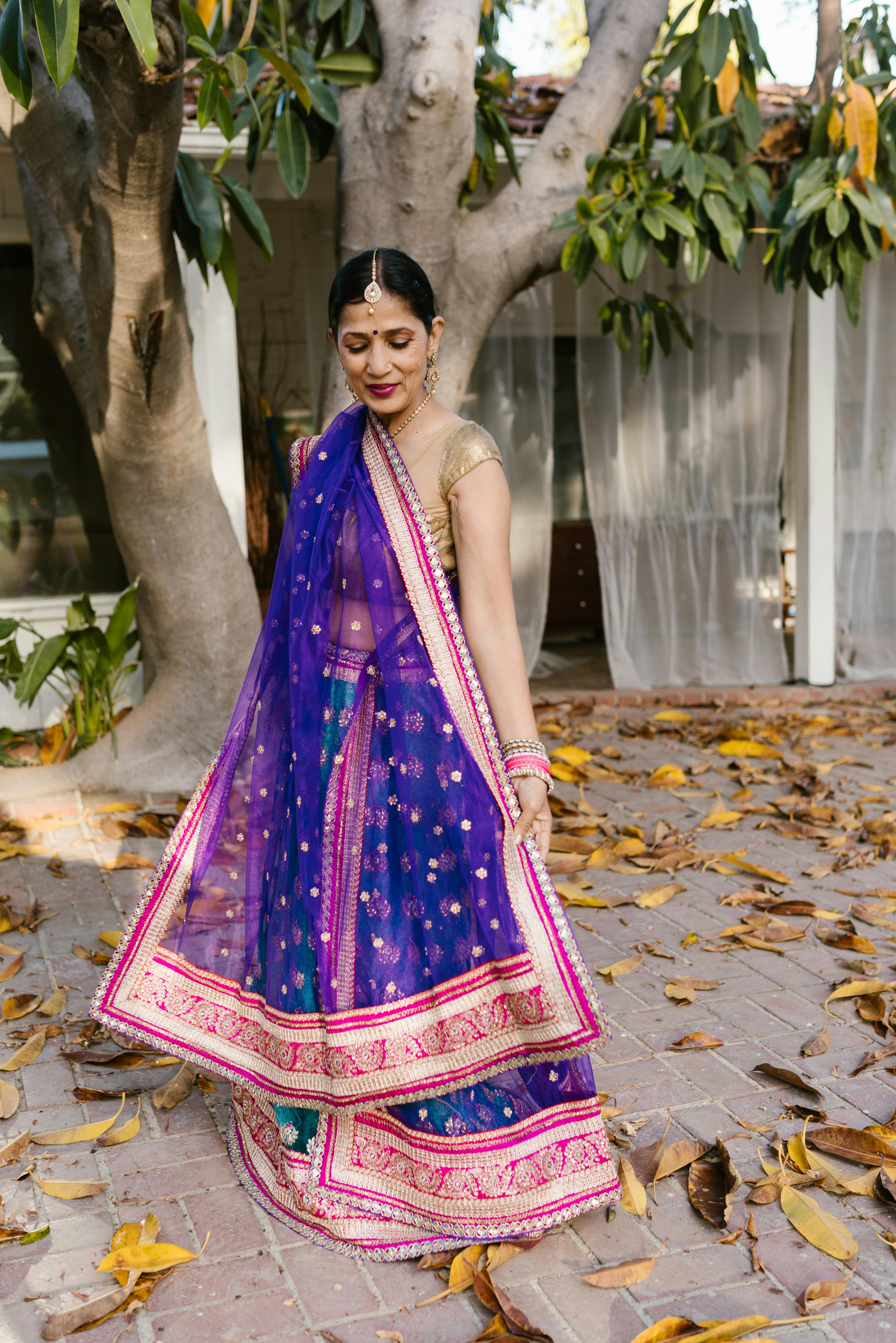A Woman in a Purple Saree Standing Under a Tree · Free Stock Photo