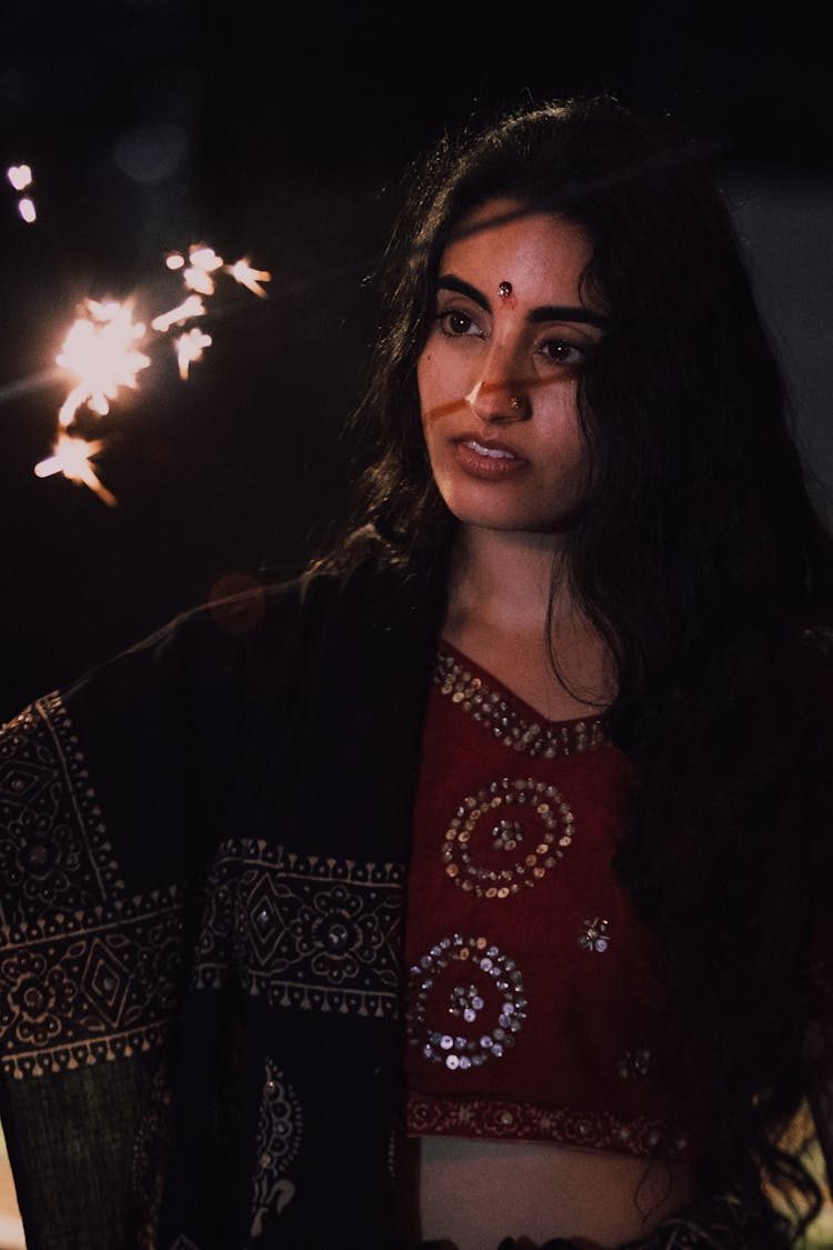 Portrait Of Indian Woman At Night 