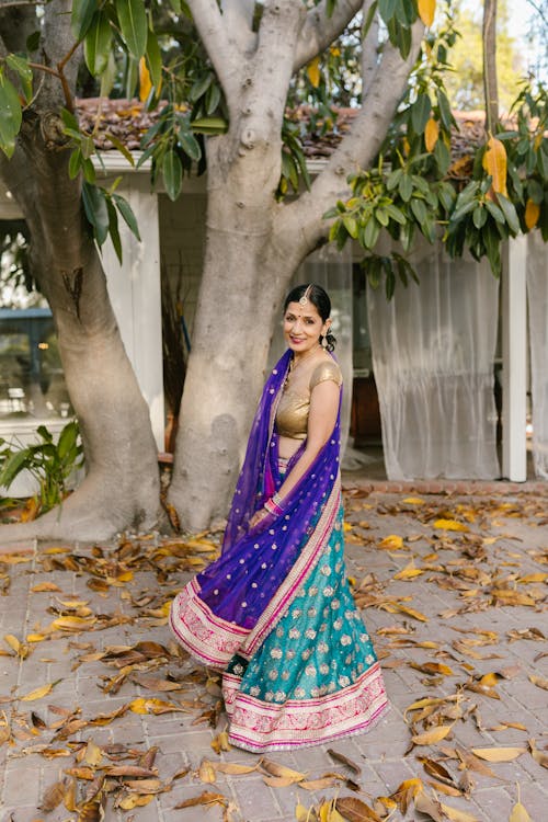 Woman in Blue and Purple Sari Dress Standing on Brown Leaves near Tree