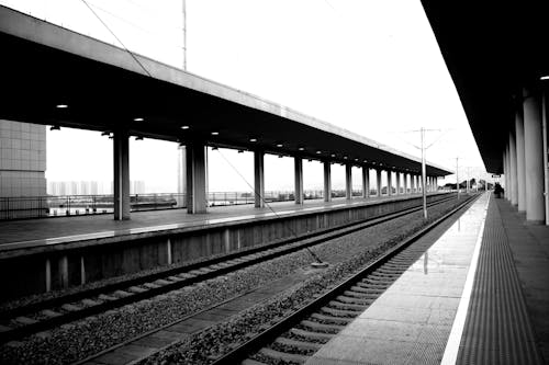 Monochrome Photo of a Train Station 