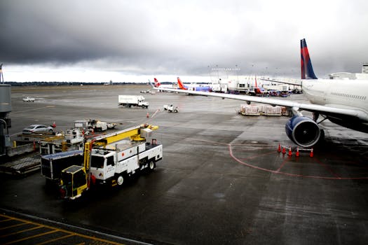 View of airport tarmac with multiple airplanes and ground service equipment under cloudy skies.