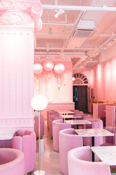 Stylish pink café interior featuring modern design elements, perfect for chic dining vibes.
