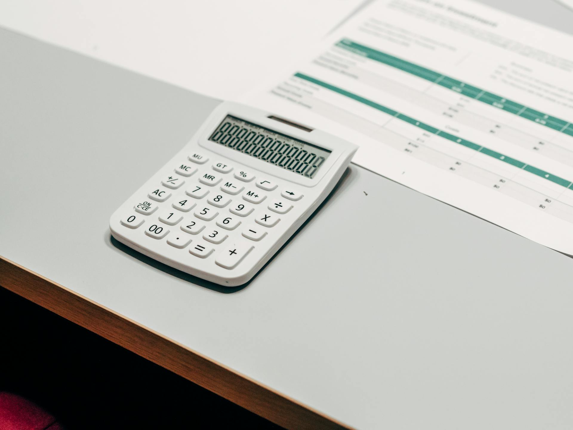 Close-up of a white calculator next to a financial spreadsheet on a desk.