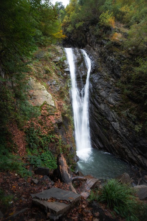 Scenic waterfall stream in rocky ravine