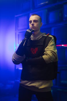 A fashionable man confidently poses with a prosthetic hand in a vibrant, futuristic environment.