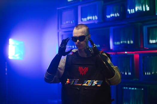 Portrait of a man with prosthetic arms in a neon-lit room, exuding a modern and technological vibe.