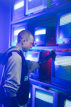 A man explores a futuristic cyberpunk-style room with neon lighting and vintage TVs.