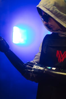 Man in a hooded jacket in a neon-lit cyberpunk setting featuring a robotic arm prosthesis.