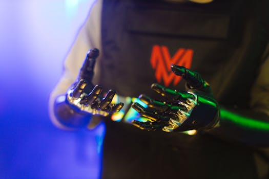 Close-up of robotic hands with metallic finish and neon lights, showcasing futuristic technology.