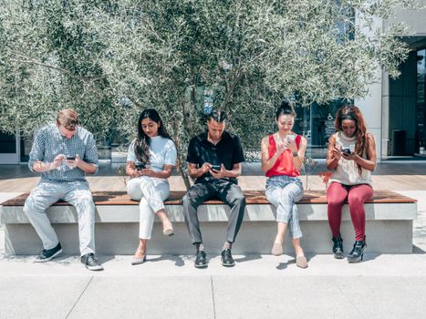 Group of diverse adults sitting outdoors using smartphones under a tree.