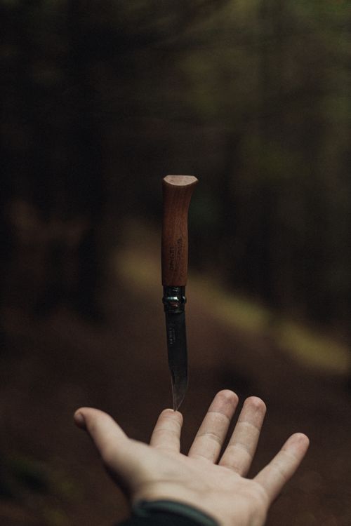 Free Close-up of a hand balancing a sharp knife against a vibrant forest backdrop. Stock Photo