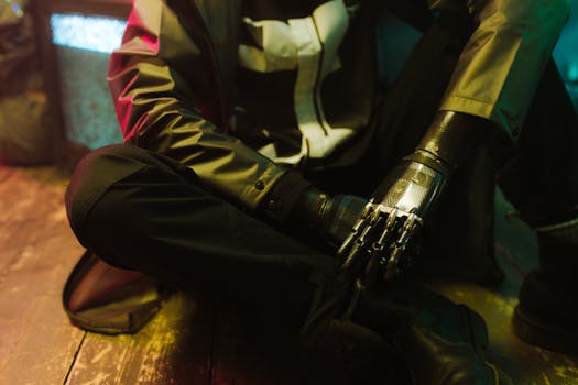 Person with a bionic prosthetic arm seated indoors with a modern look.