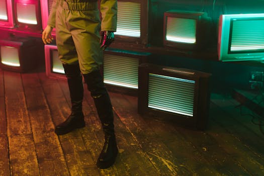 A futuristic, retro scene with a person in a suit surrounded by old televisions.
