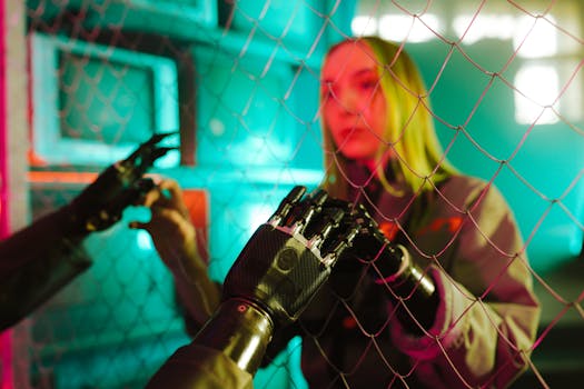 A woman interacts with a robotic hand through a fence under neon lights.