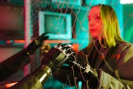 Man and Woman with Prosthesis in Futuristic Surroundings