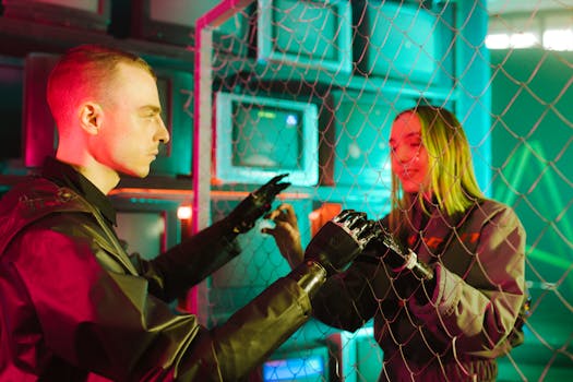 Futuristic scene of two people connecting through a mesh fence under neon lights.