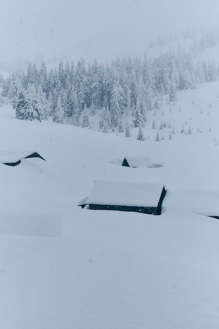 Serene winter landscape with snow-covered cabins and trees in a snowy mountain setting.