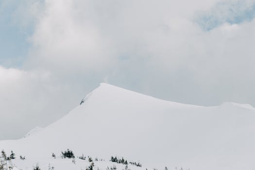 A serene snowy mountain peak under a cloudy winter sky, showcasing nature's beauty.