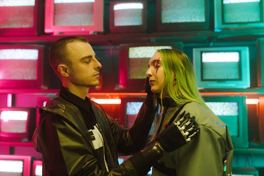 A man with a prosthetic hand interacts with a woman against a vibrant cyberpunk backdrop of retro TVs.