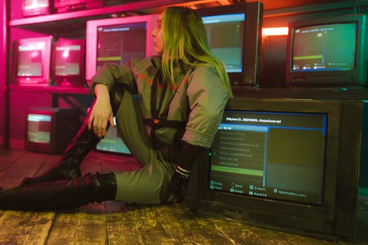 Woman in cyberpunk attire sits surrounded by vintage TVs in a neon-lit room, evoking retro-futuristic vibes.