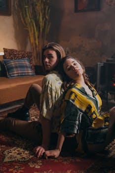 A couple sitting back-to-back on the floor in a vintage-style room, exuding a sense of romance and intimacy.