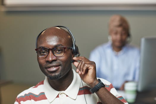 A smiling black man with eyeglasses working in a call center environment with a headset.