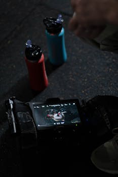 A dark setting with a video recorder screen and vibrant red and blue water bottles nearby.
