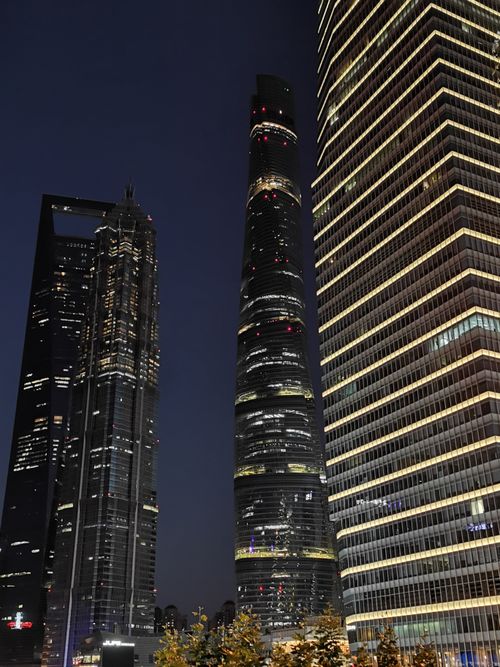 Free Dramatic view of Shanghai's iconic skyscrapers lit up against the night sky. Stock Photo