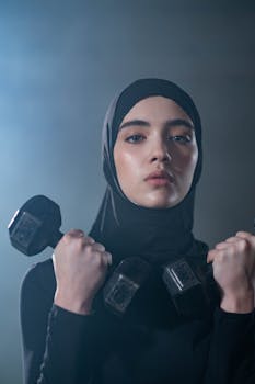 Portrait of a determined Muslim woman lifting weights indoors, showcasing strength and empowerment.