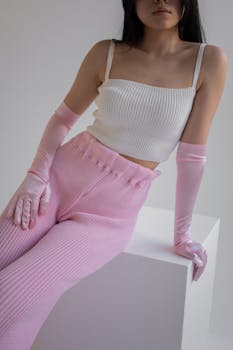 Model in white top and pink pants with gloves, stylish studio shot.
