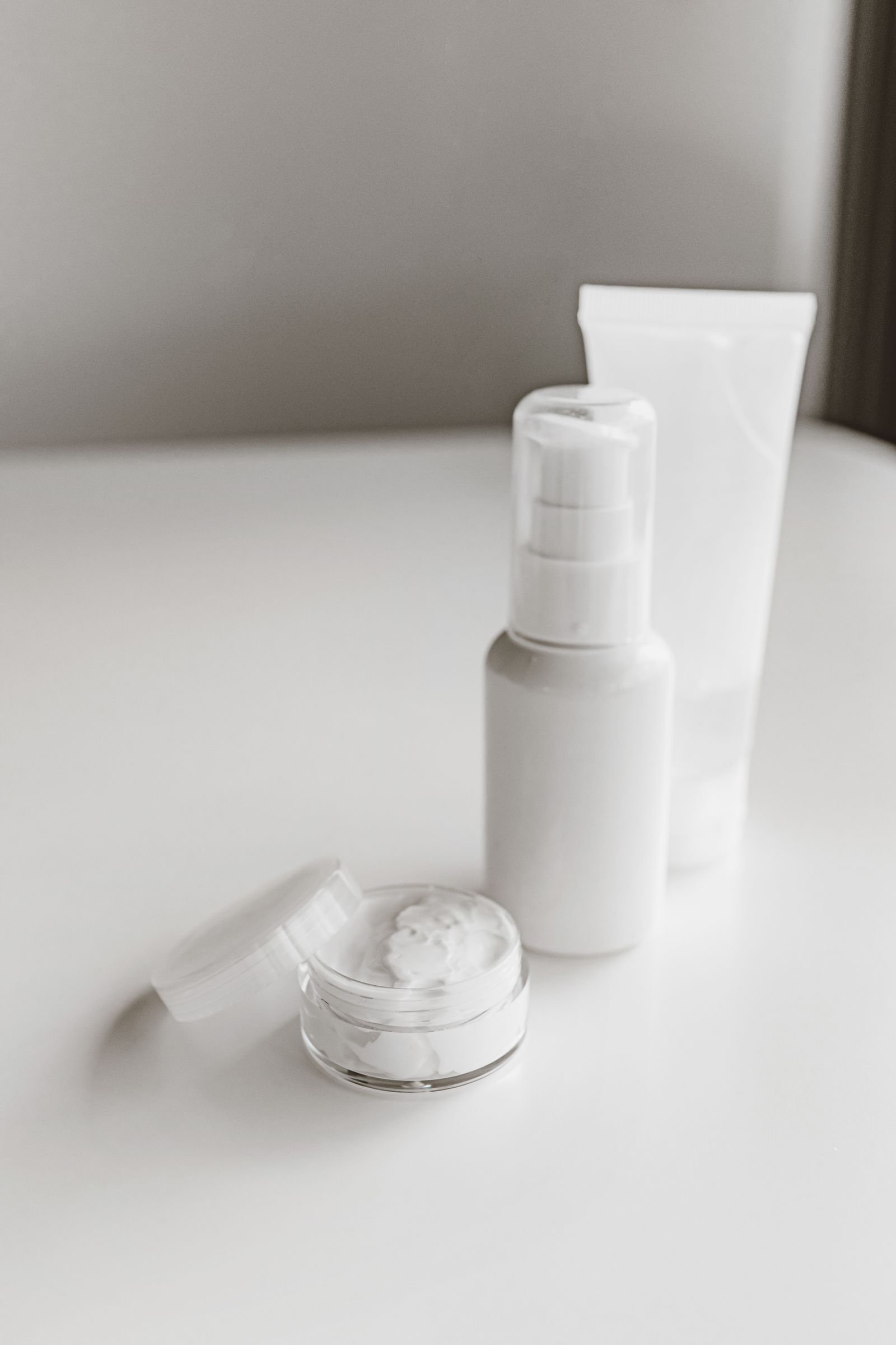 Minimalist collection of skincare products without people