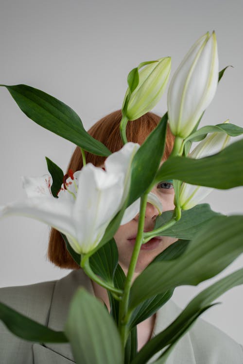 Red haired female covering face with fresh fragrant blossoming lilies and looking at camera against gray background