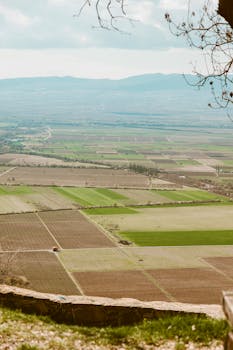 Aerial view showcasing vast farmlands with mountains in the background.