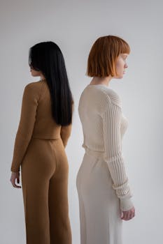 Back view of unrecognizable female models in light outfits looking away while standing on white background in studio