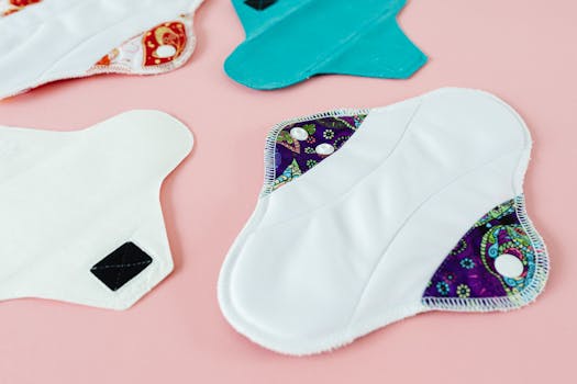 Close-up of colorful reusable menstrual pads on a pink surface, promoting eco-friendly menstruation solutions.