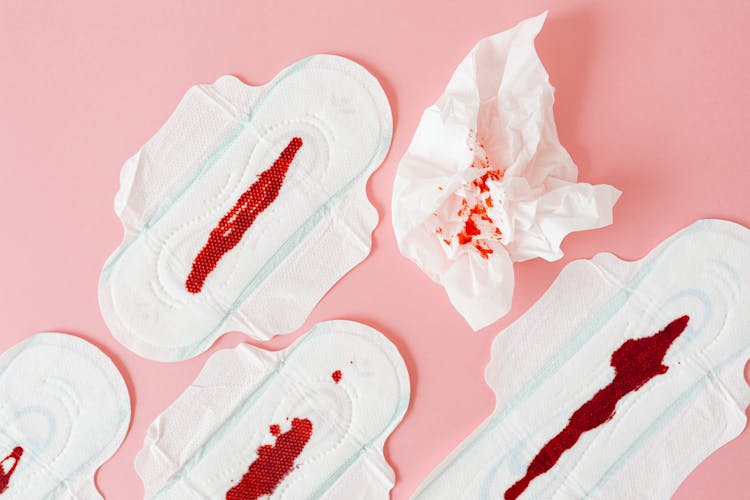 Close-Up Of Menstrual Pads With Blood