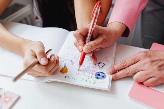 Teacher and student working together on colorful homework, focusing on zero waste concept.